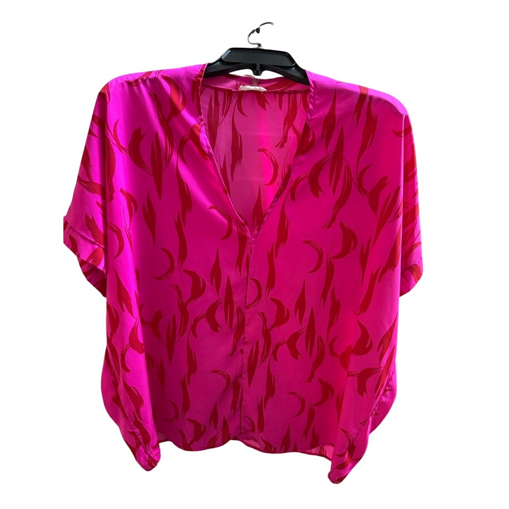 Jodifl Pink Red Abstract Print‎ V-Neck Short Sleeve Blouse Top M P12108-MJ